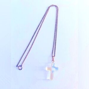 Necklace Cross of Opalite luminescent Glass, 1”, on a  16” gold chain